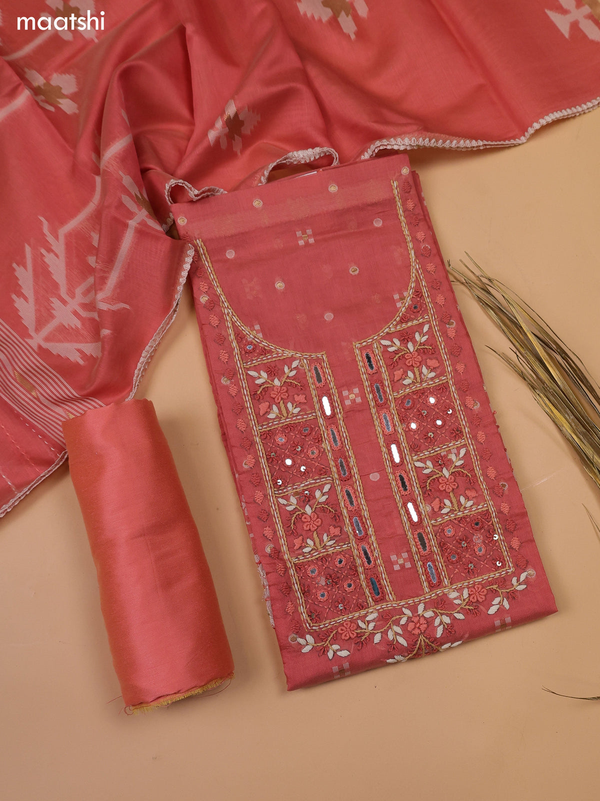Dark Peach Chanderi Dress Material With Kantha Stitch Work Neck Pattern and Bottom & Dupatta