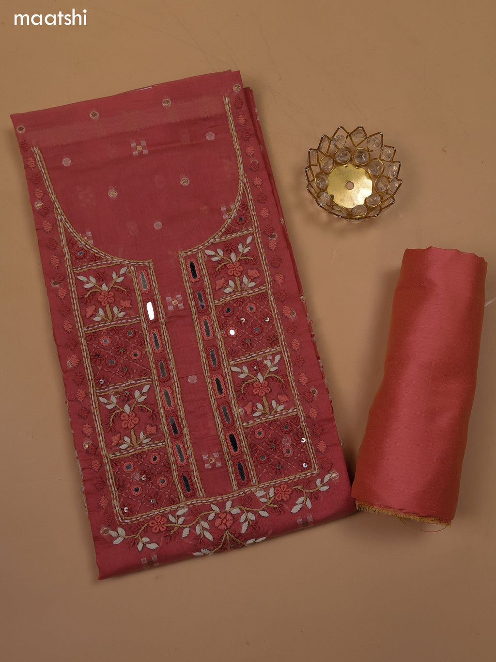 Dark Peach Chanderi Dress Material With Kantha Stitch Work Neck Pattern and Bottom & Dupatta