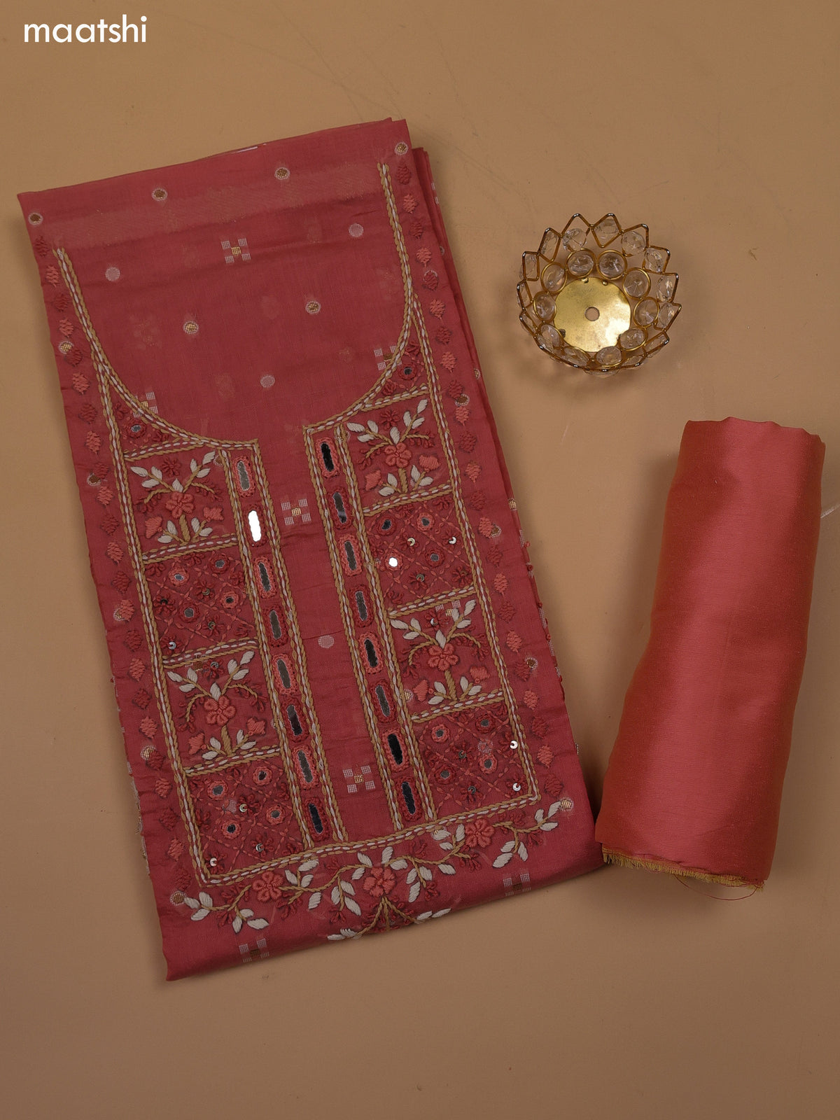 Dark Peach Chanderi Dress Material With Kantha Stitch Work Neck Pattern and Bottom & Dupatta
