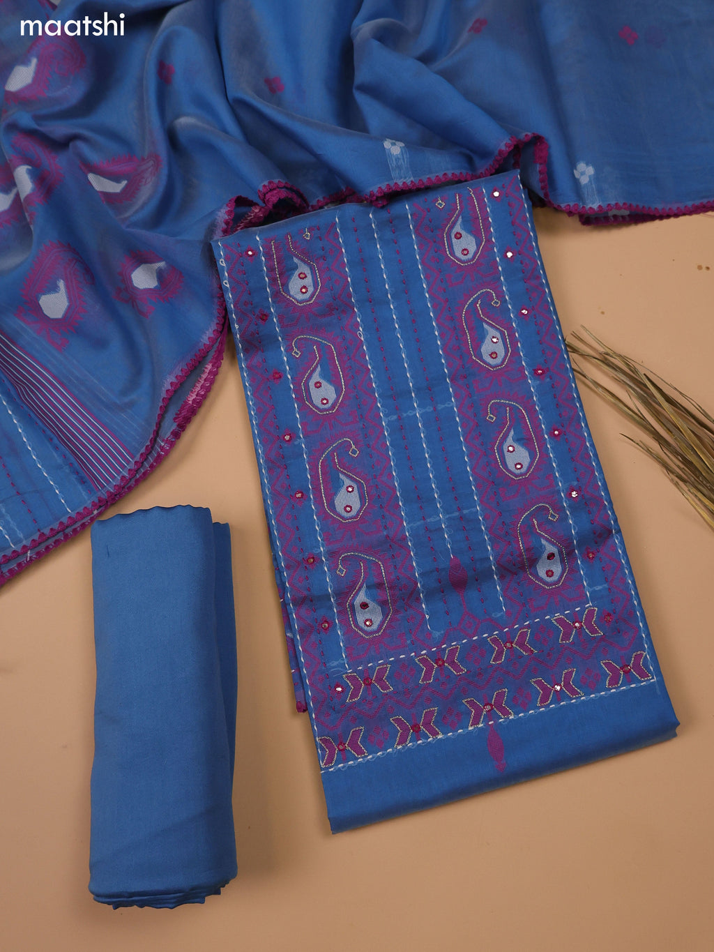 Blue Chanderi Dress Material and Bottom & Dupatta