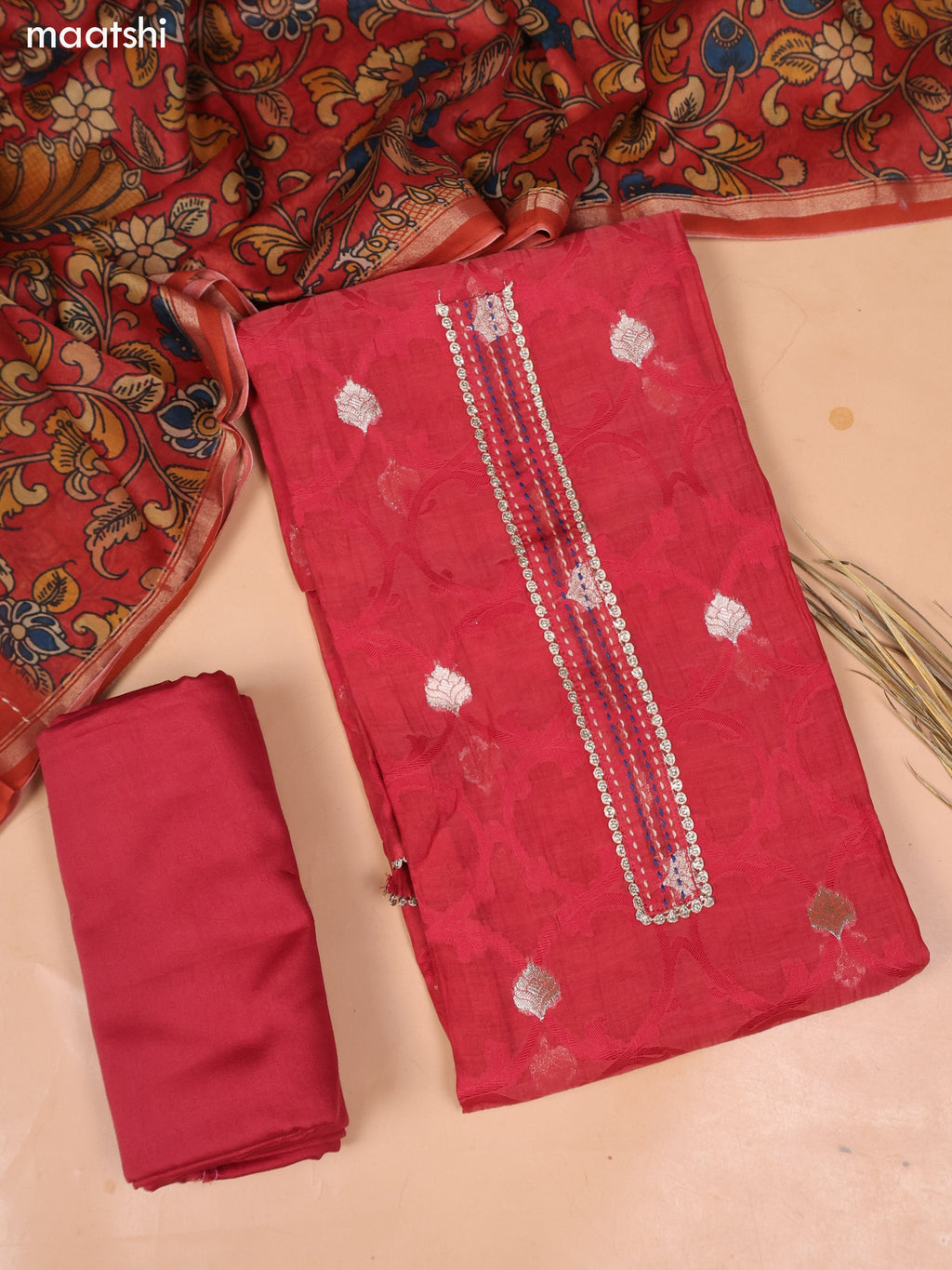Rust Chanderi Dress Material and Bottom & Dupatta