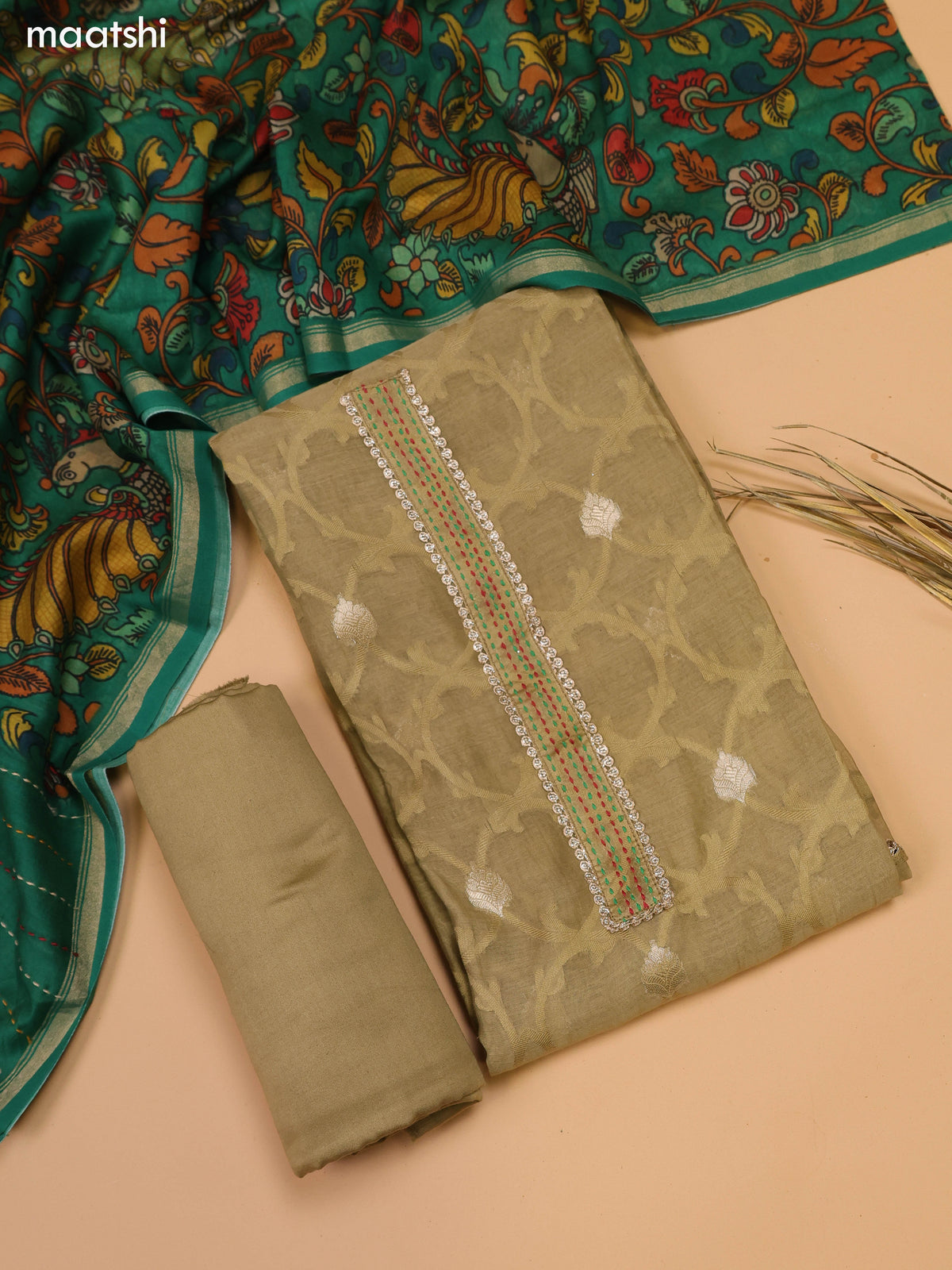 Elaichi Green Chanderi Dress Material and Bottom & Dupatta