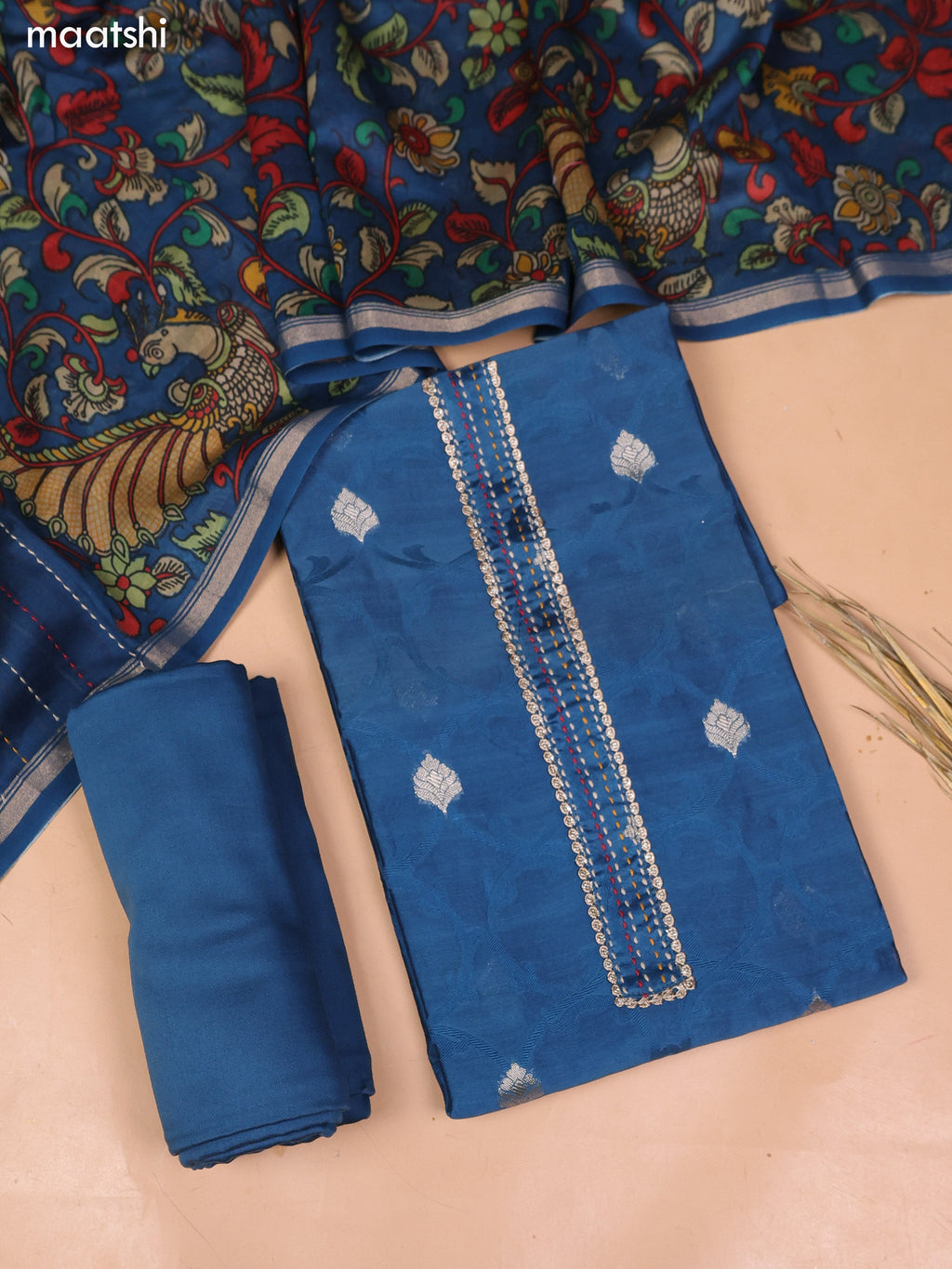 Teal Blue Chanderi Dress Material and Bottom & Dupatta