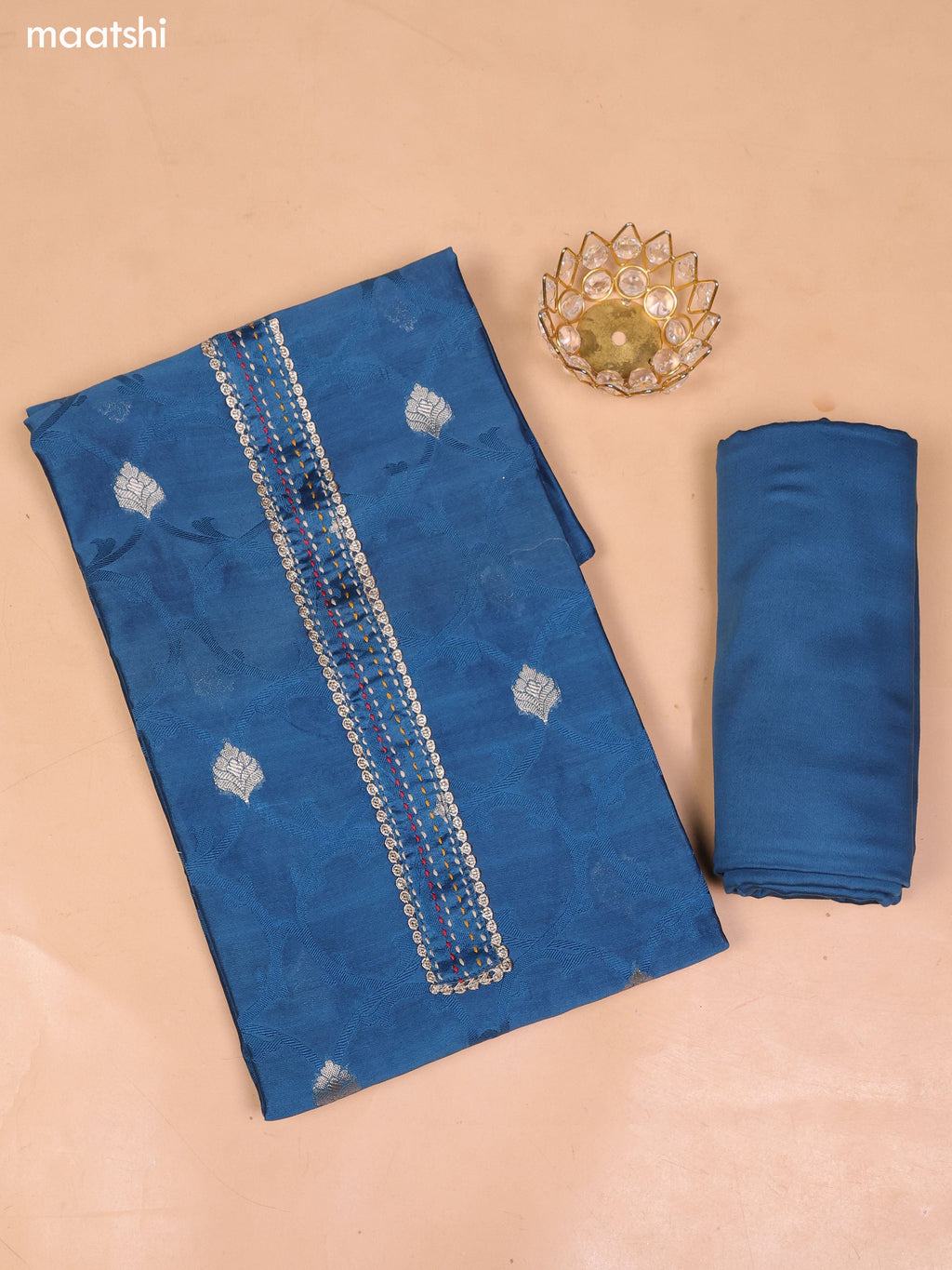 Teal Blue Chanderi Dress Material and Bottom & Dupatta