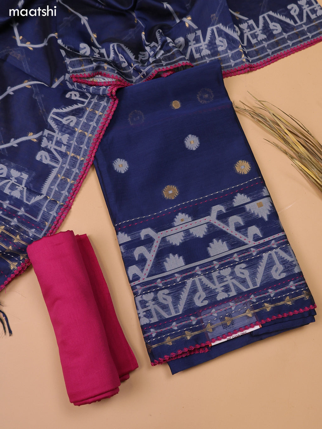 Navy Blue and Magenta Pink Chanderi Dress Material With Thread Weaves & Kantha Stitch Work Border and Bottom & Dupatta