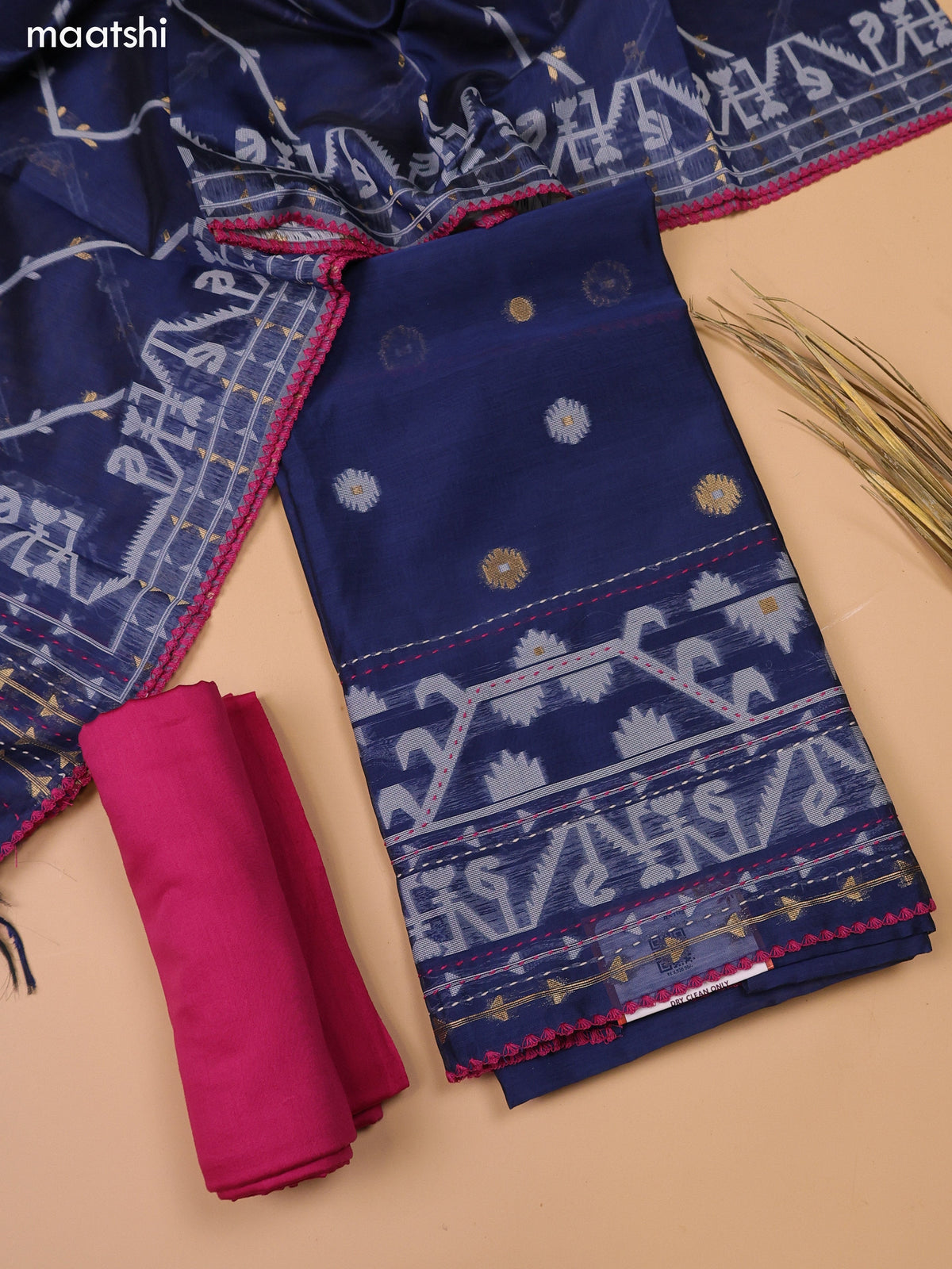 Navy Blue and Magenta Pink Chanderi Dress Material With Thread Weaves & Kantha Stitch Work Border and Bottom & Dupatta