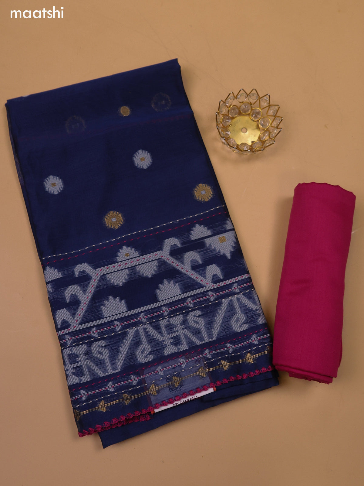Navy Blue and Magenta Pink Chanderi Dress Material With Thread Weaves & Kantha Stitch Work Border and Bottom & Dupatta