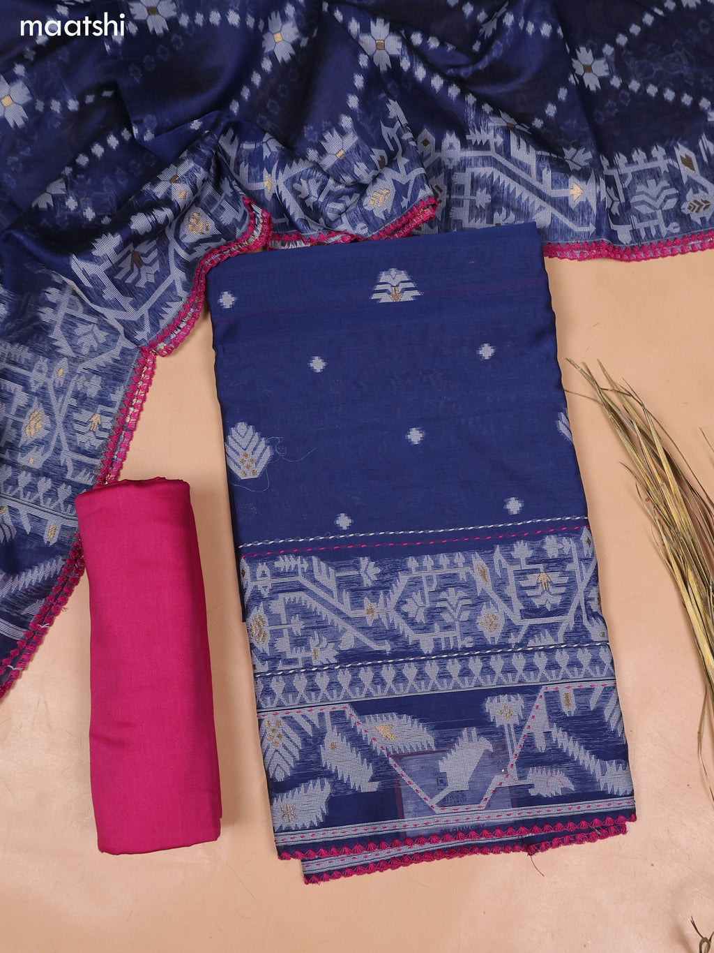 Navy Blue and Magenta Pink Chanderi Dress Material and Bottom & Dupatta
