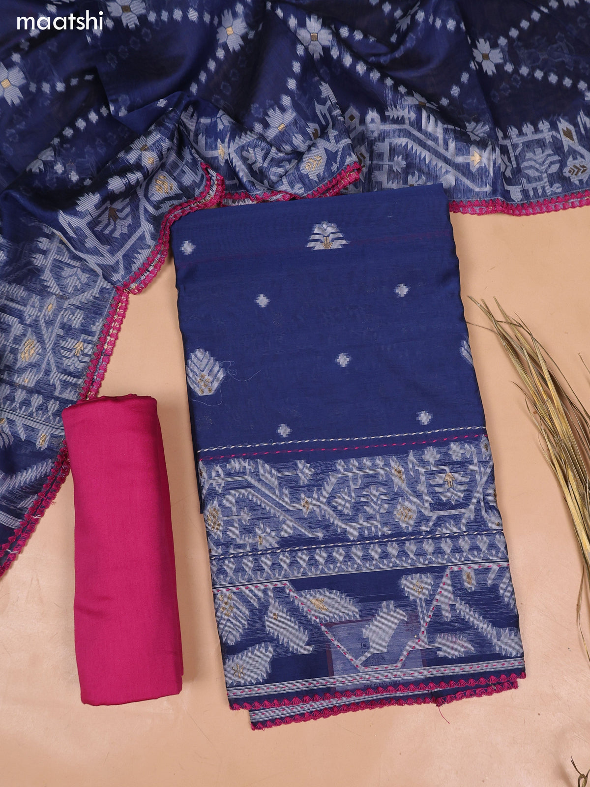 Navy Blue and Magenta Pink Chanderi Dress Material and Bottom & Dupatta
