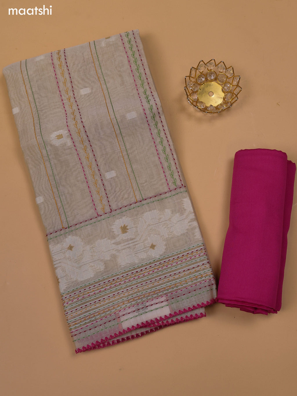 Beige and Magenta Pink Chanderi Dress Material and Bottom & Dupatta