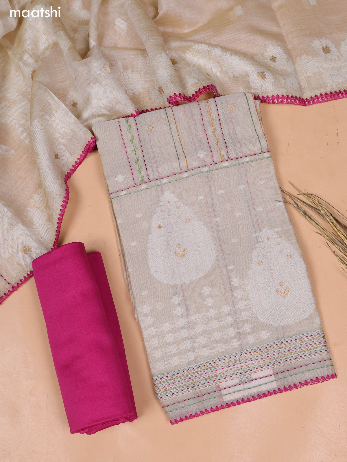 Beige and Magenta Pink Chanderi Dress Materials and Bottom & Dupatta