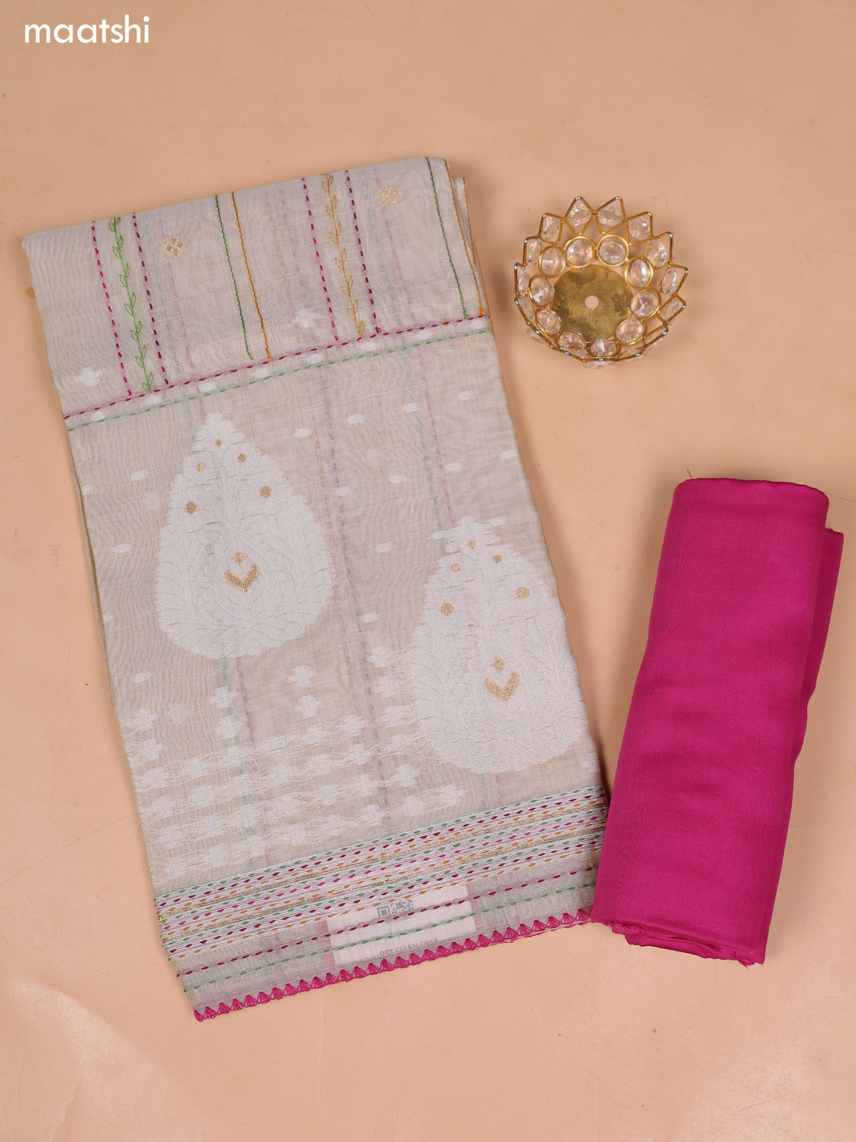 Beige and Magenta Pink Chanderi Dress Materials and Bottom & Dupatta