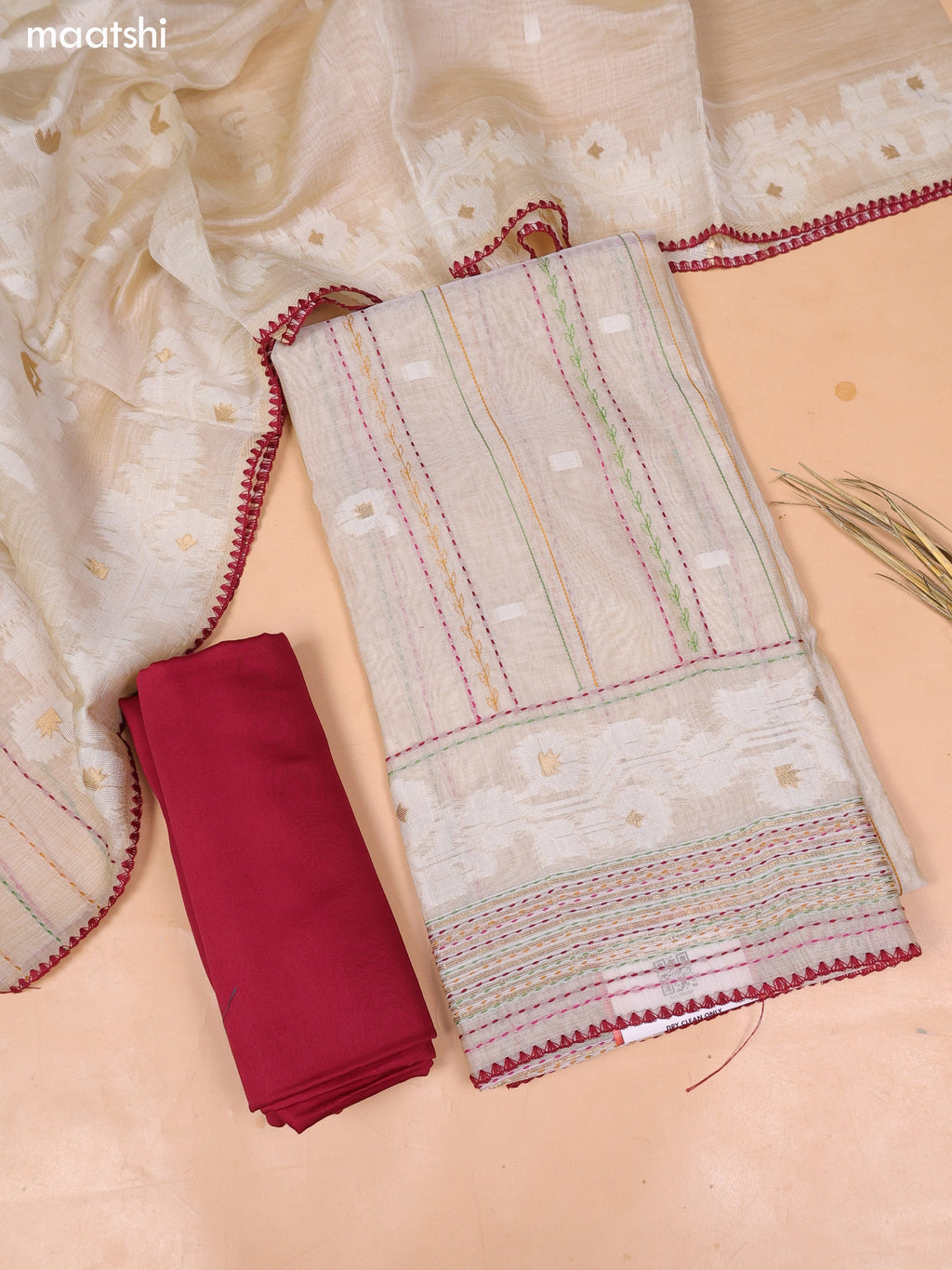 Beige and Maroon Chanderi Dress Material With Thread Weaves & Kantha Stitch Work Border and Bottom & Dupatta