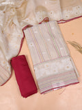 Beige and Maroon Chanderi Dress Material With Thread Weaves & Kantha Stitch Work Border and Bottom & Dupatta