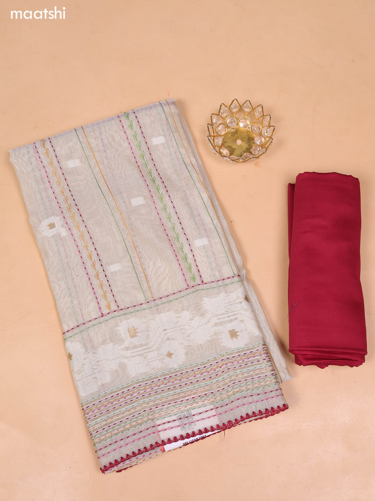 Beige and Maroon Chanderi Dress Material With Thread Weaves & Kantha Stitch Work Border and Bottom & Dupatta