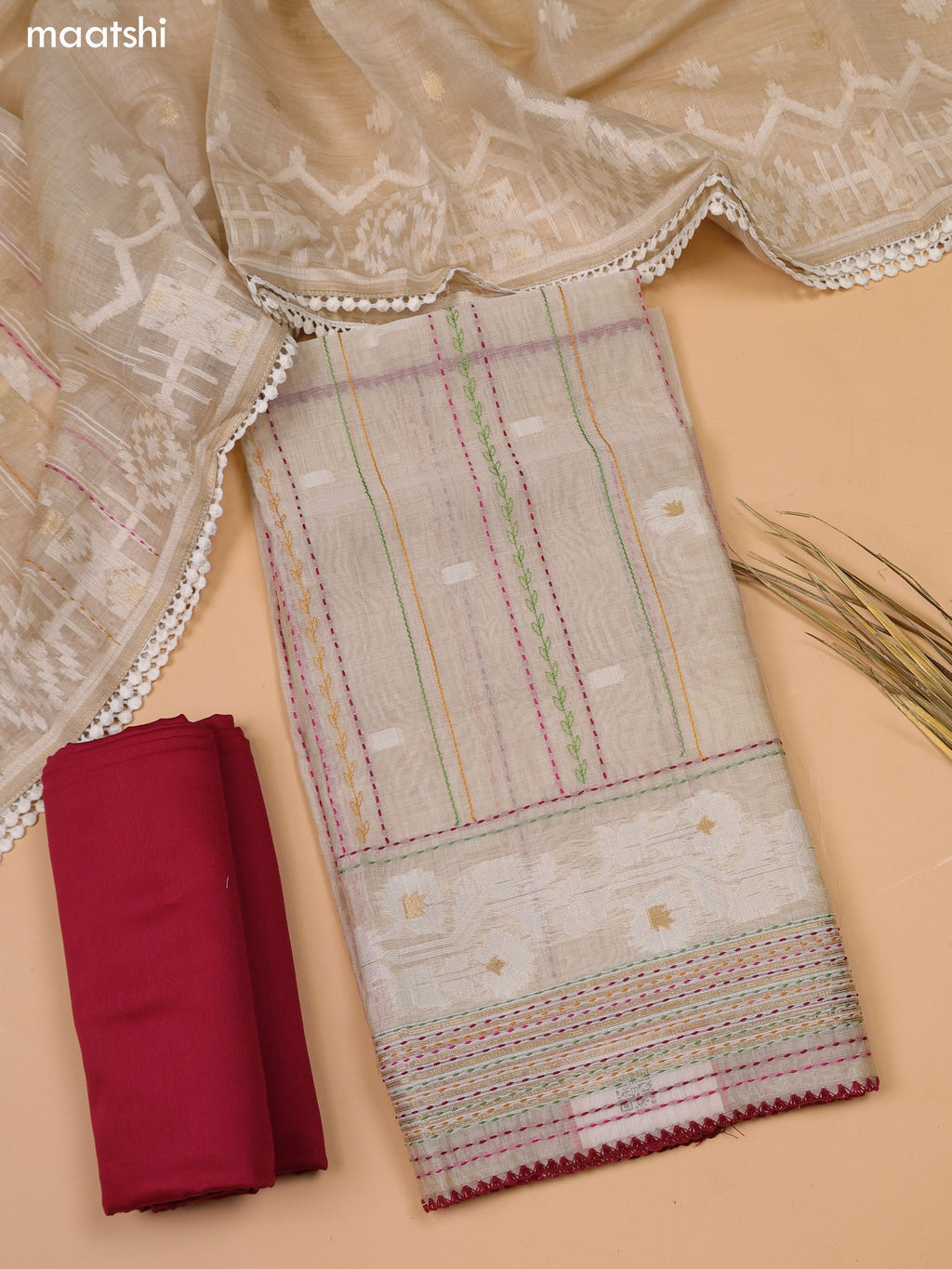Beige and Maroon Chanderi Dress Material and Bottom & Dupatta