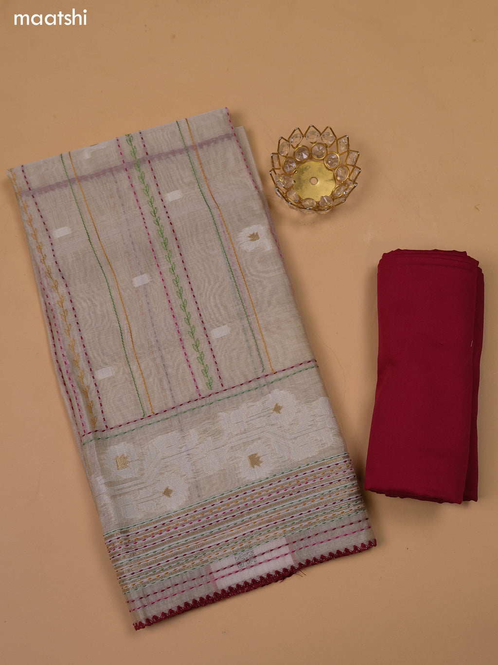 Beige and Maroon Chanderi Dress Material and Bottom & Dupatta