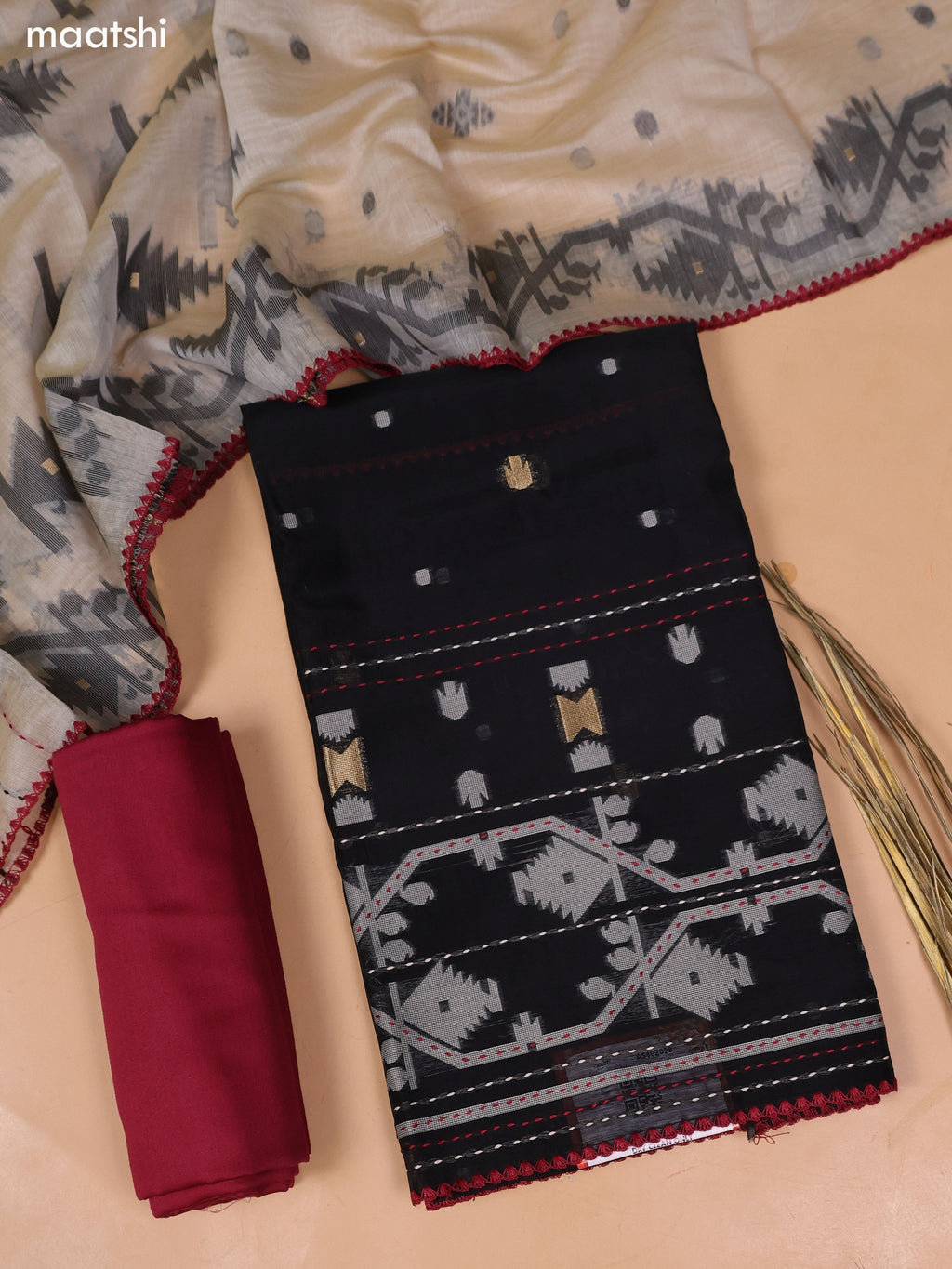 Black and Maroon Chanderi Dress Material With Thread Weaves & Kantha Stitch Work Border and Bottom & Dupatta