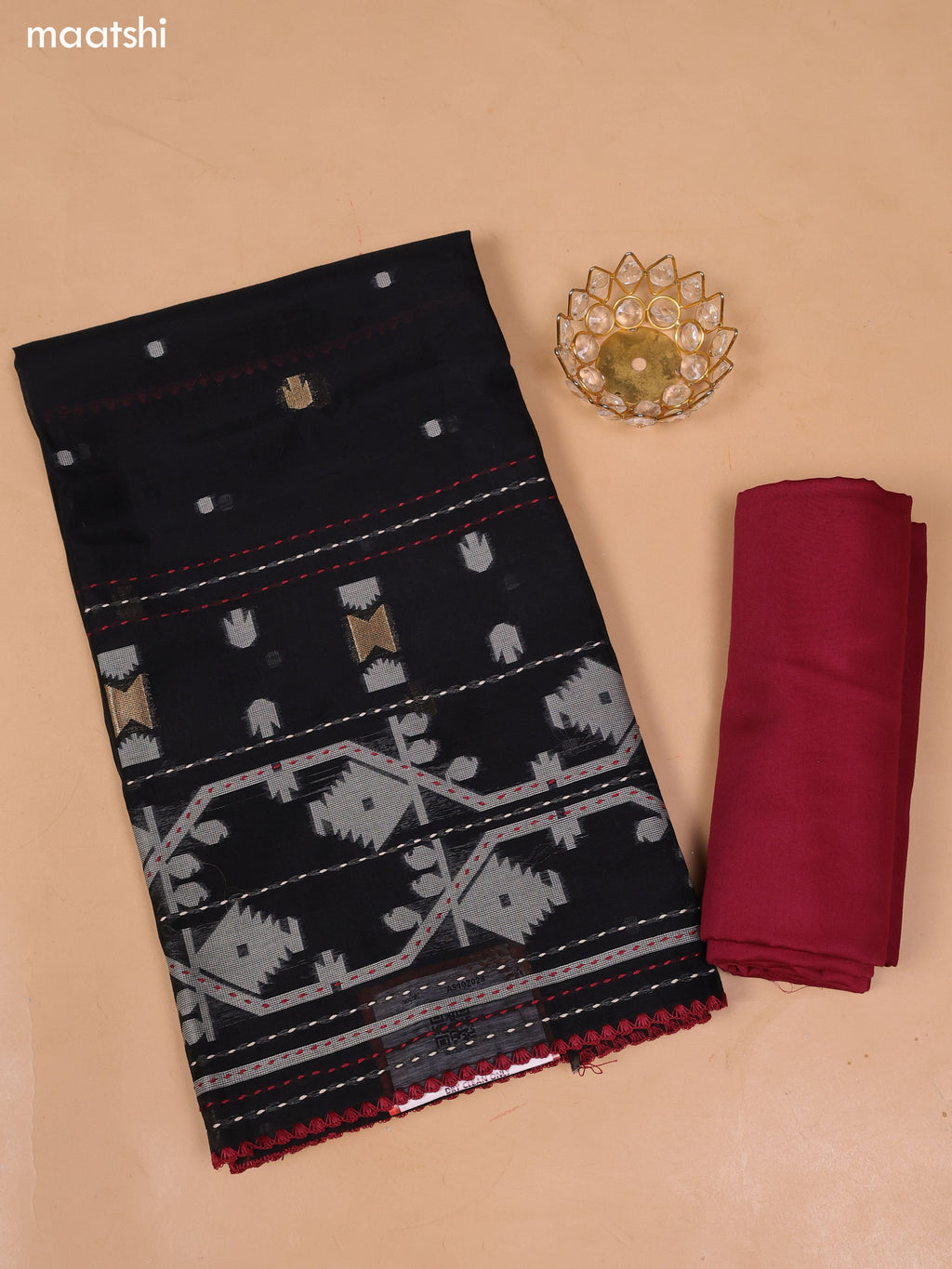 Black and Maroon Chanderi Dress Material With Thread Weaves & Kantha Stitch Work Border and Bottom & Dupatta
