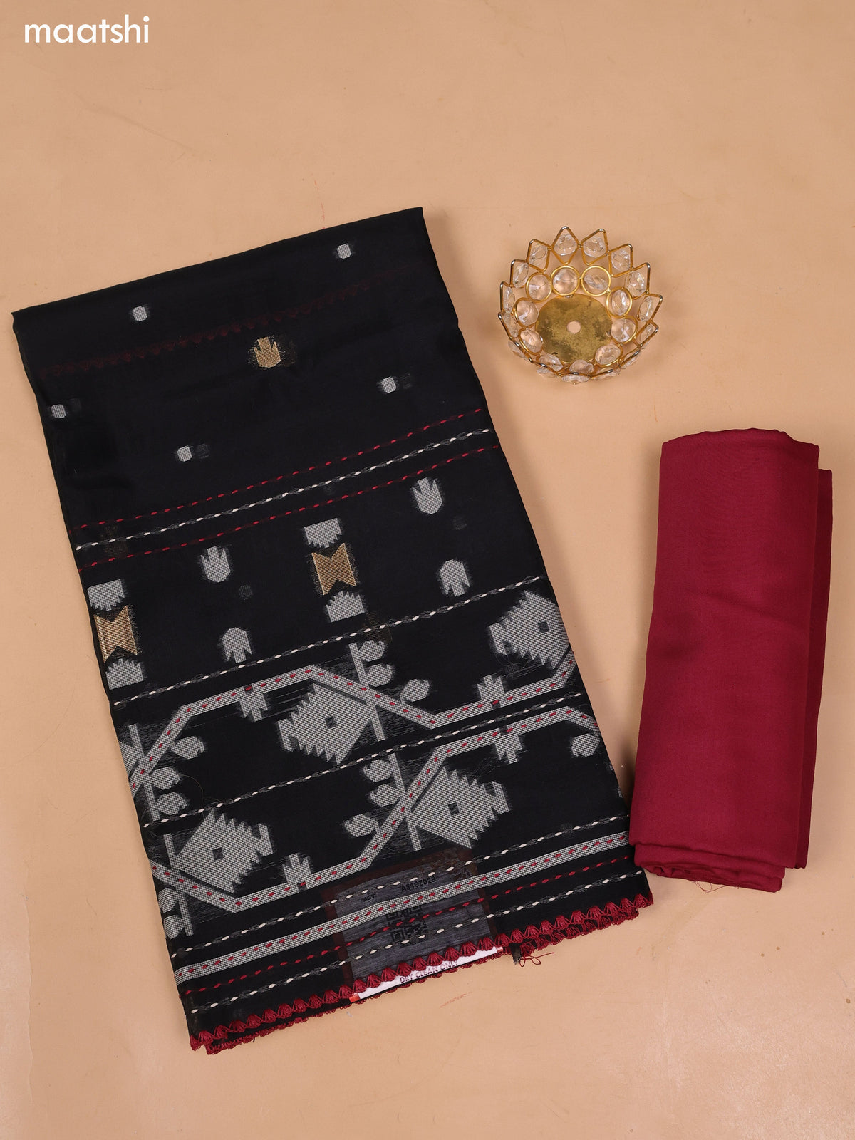 Black and Maroon Chanderi Dress Material With Thread Weaves & Kantha Stitch Work Border and Bottom & Dupatta