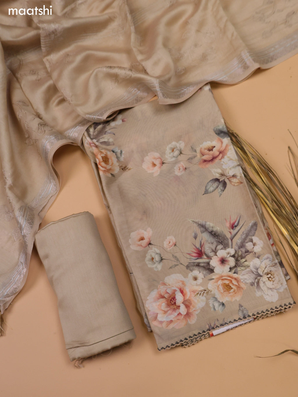 Beige Chanderi Dress Material and Bottom & Dupatta