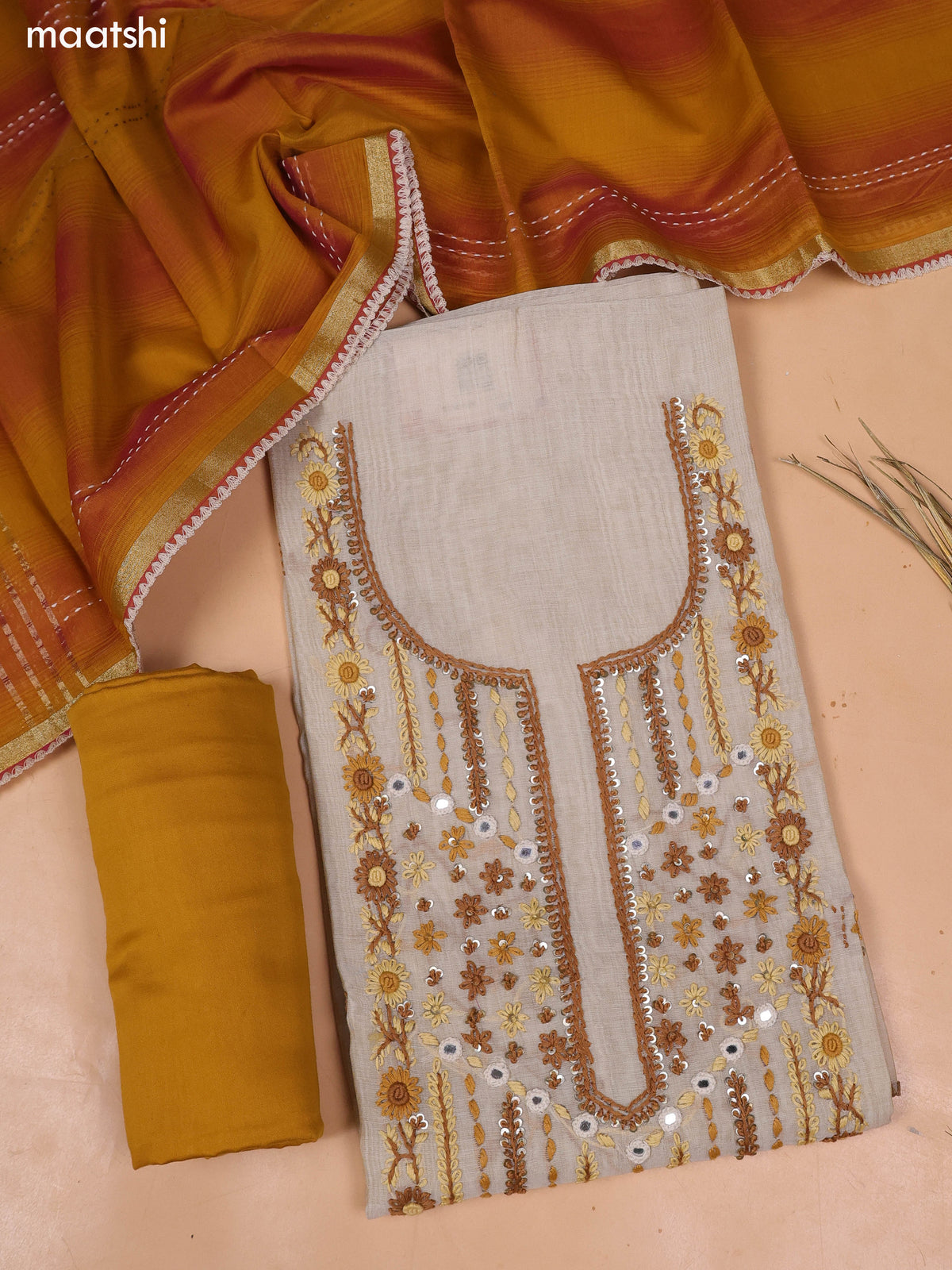 Beige and Mustard Chanderi Dress Material and Bottom & Dupatta
