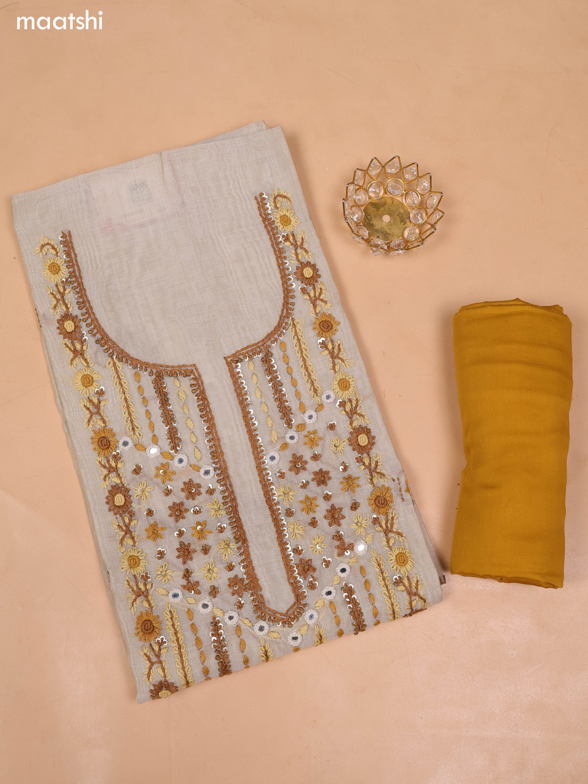 Beige and Mustard Chanderi Dress Material and Bottom & Dupatta