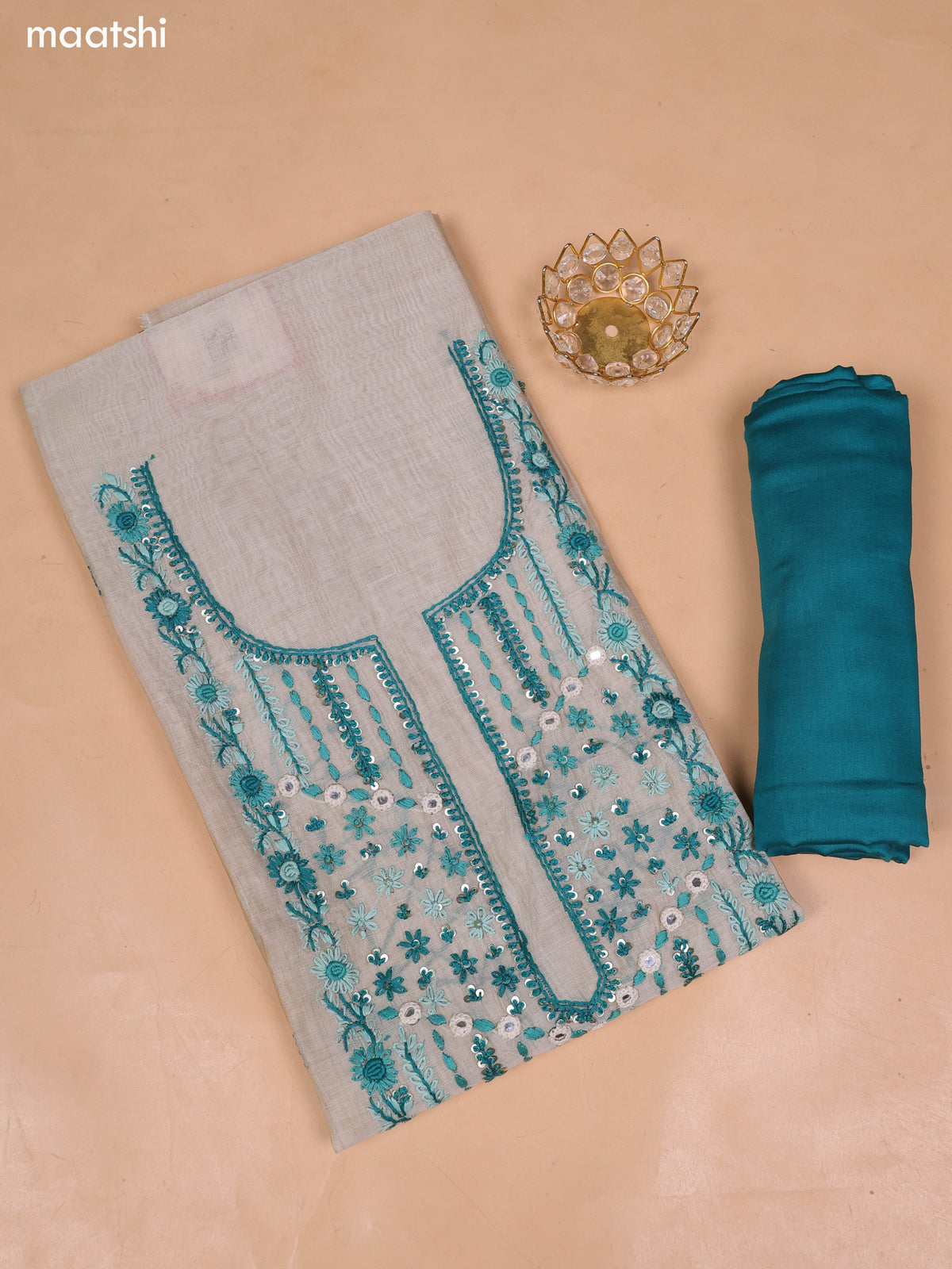 Beige and Green Chanderi Dress Material and Bottom & Dupatta