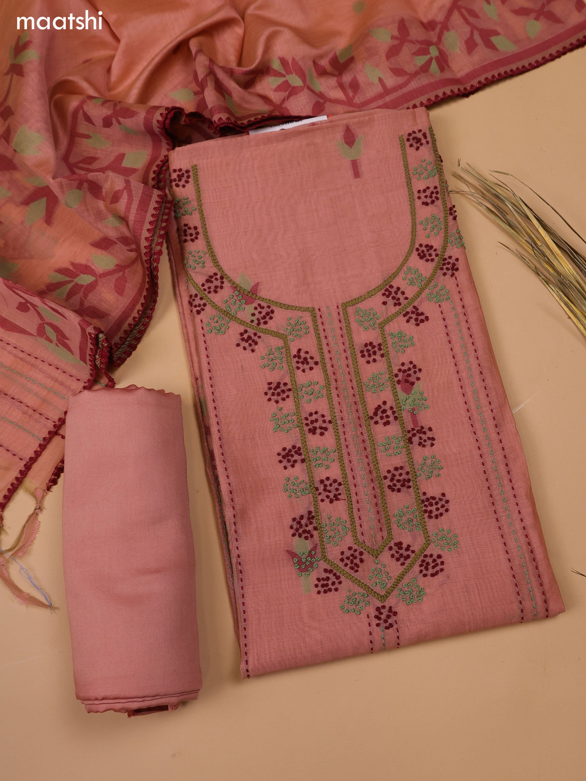 Peach Chanderi Dress Material and Bottom & Dupatta