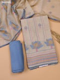 Beige and Blue Chanderi Dress Material With Kantha Stitch Work and Bottom & Dupatta