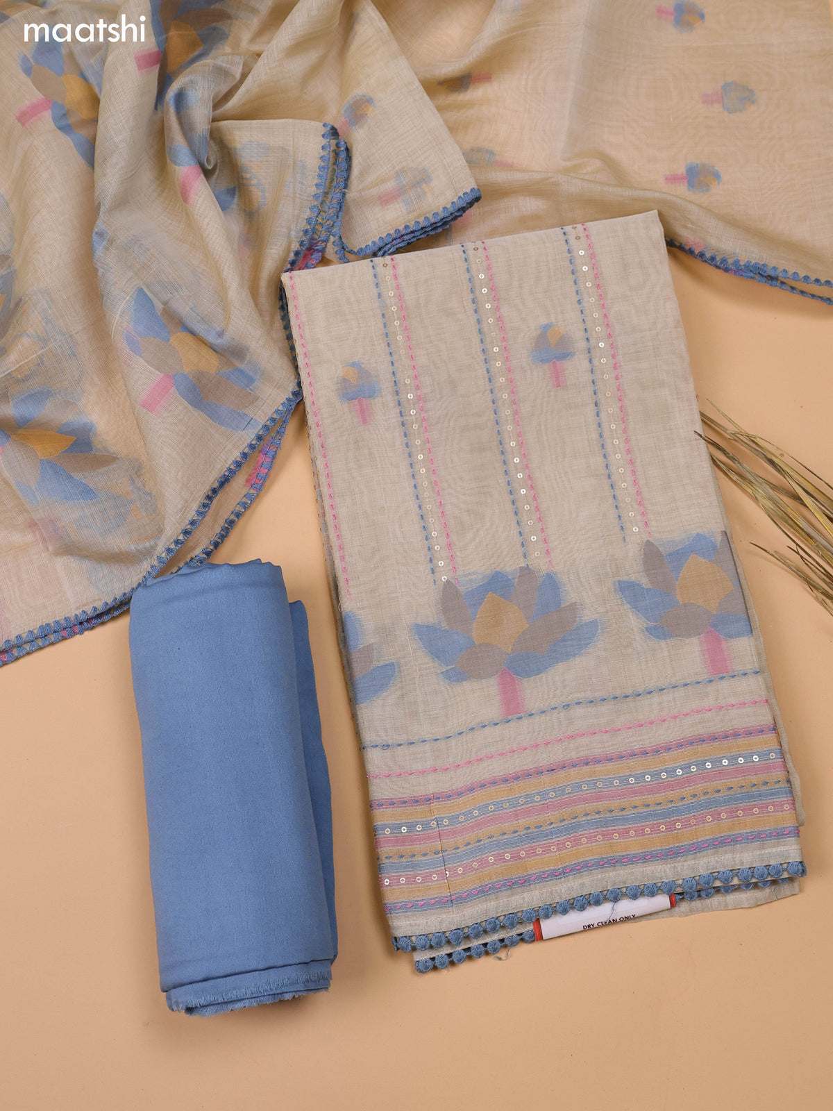 Beige and Blue Chanderi Dress Material With Kantha Stitch Work and Bottom & Dupatta