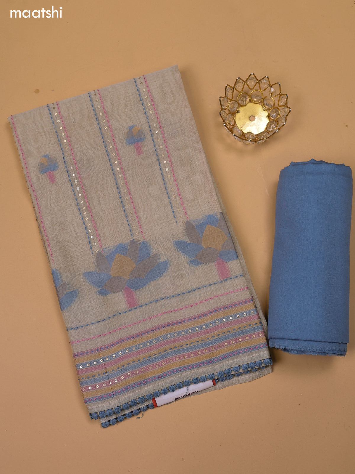 Beige and Blue Chanderi Dress Material With Kantha Stitch Work and Bottom & Dupatta