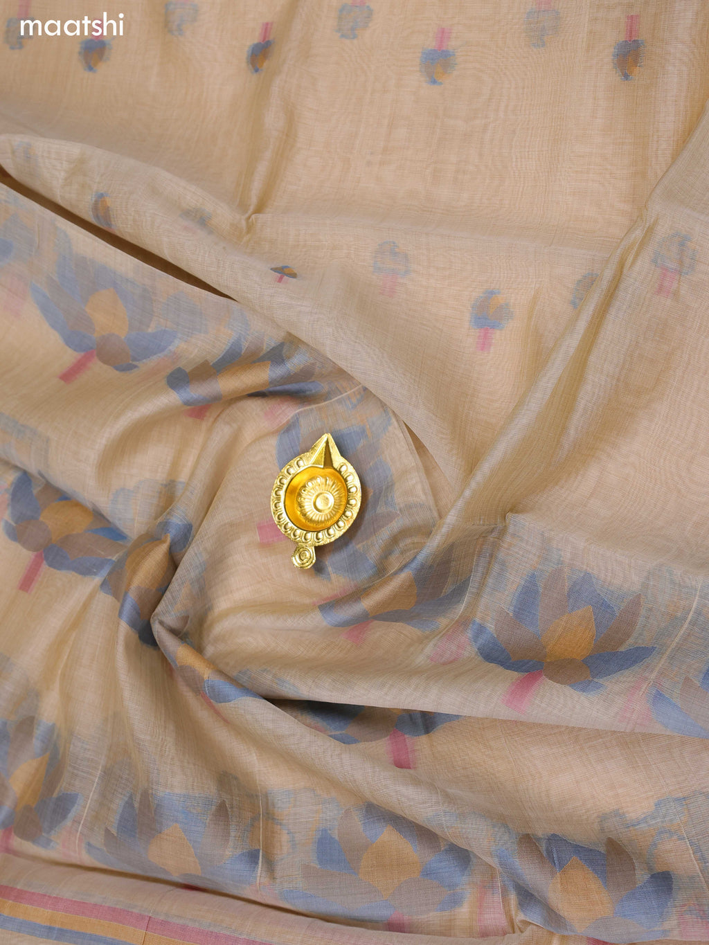 Beige and Blue Chanderi Dress Material With Kantha Stitch Work and Bottom & Dupatta