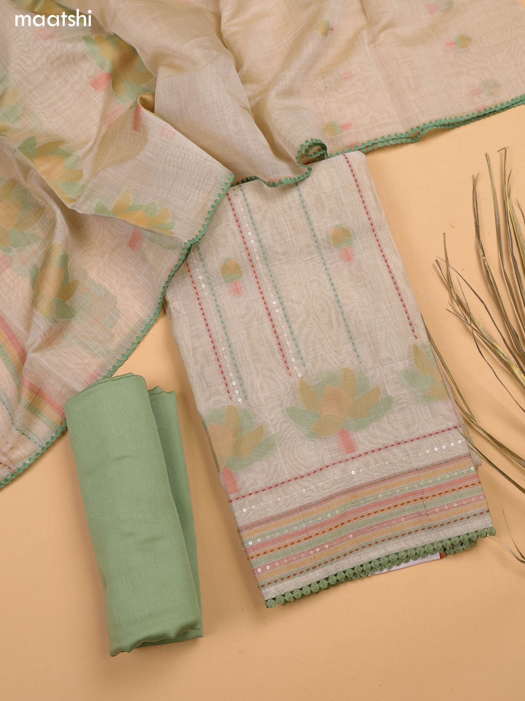 Beige and Green Chanderi Dress Material With Kantha Stitch Work and Bottom & Dupatta