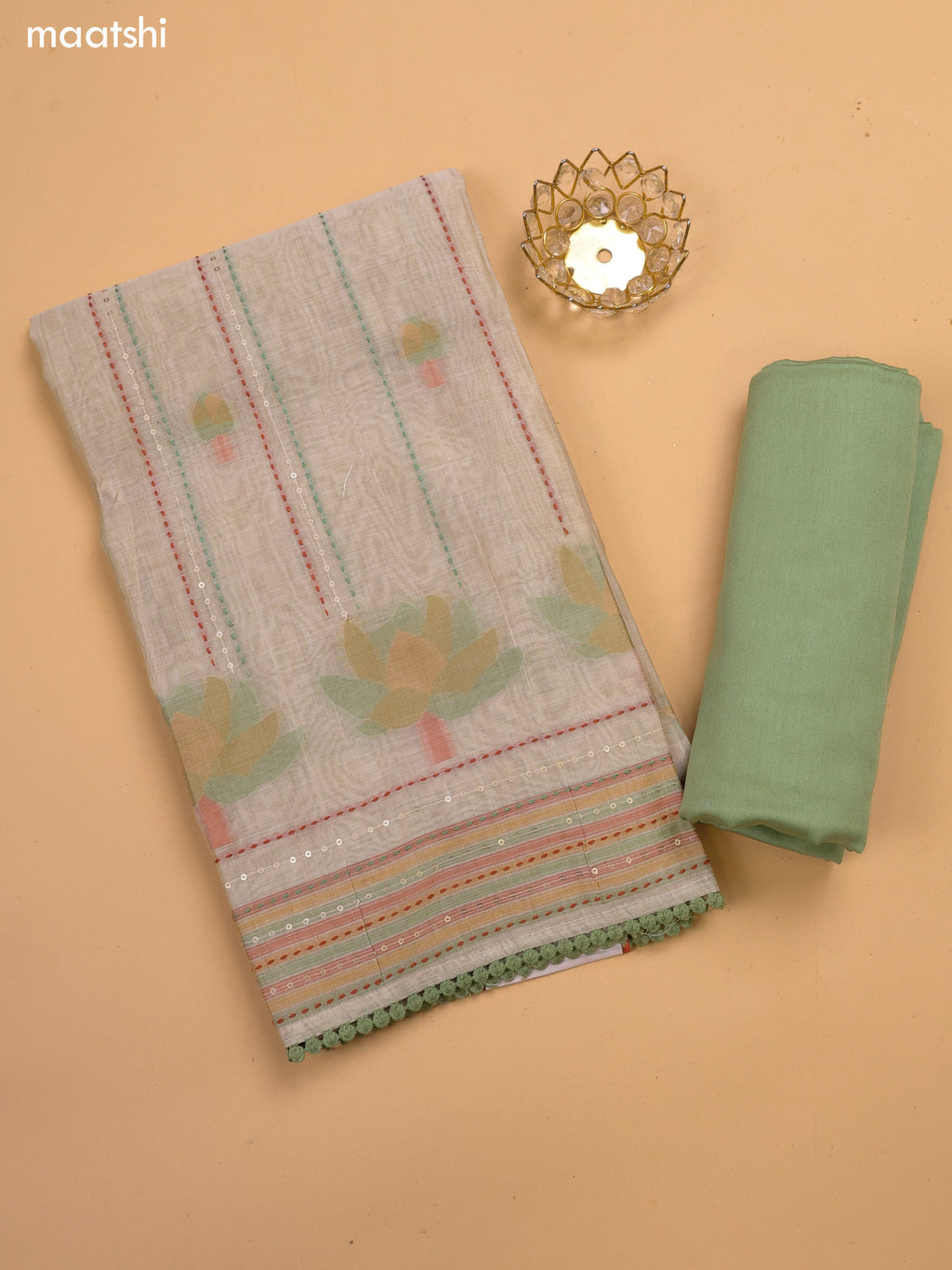Beige and Green Chanderi Dress Material With Kantha Stitch Work and Bottom & Dupatta