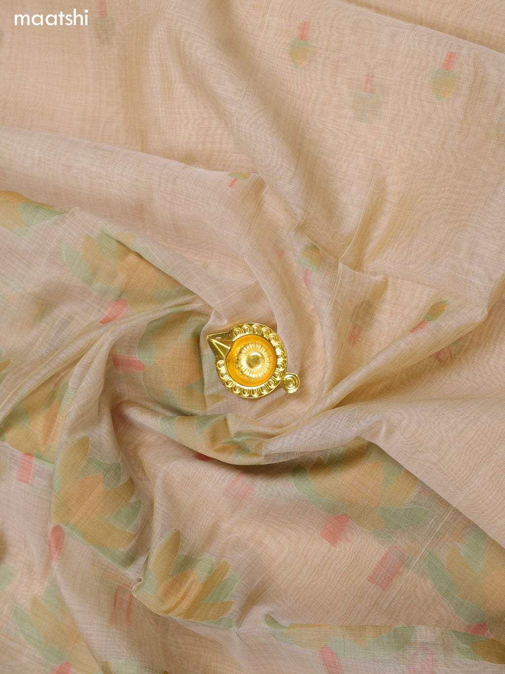 Beige and Green Chanderi Dress Material With Kantha Stitch Work and Bottom & Dupatta