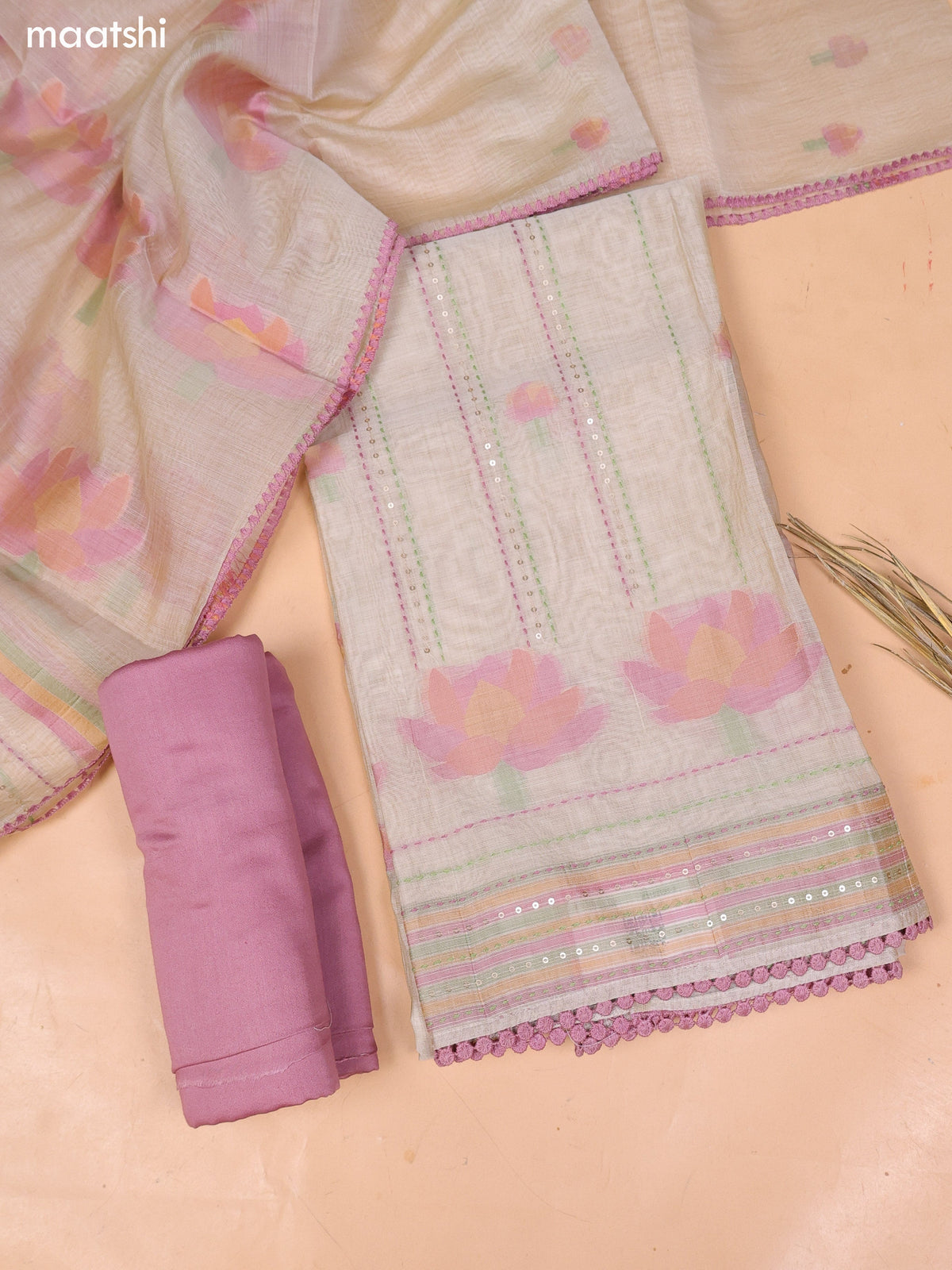 Cream and Mauve Pink Chanderi Dress Material With Kantha Stitch Work and Bottom & Dupatta