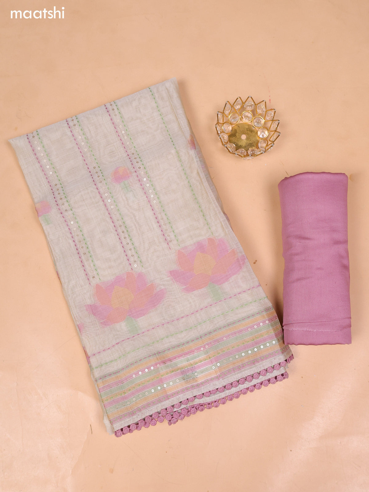 Cream and Mauve Pink Chanderi Dress Material With Kantha Stitch Work and Bottom & Dupatta