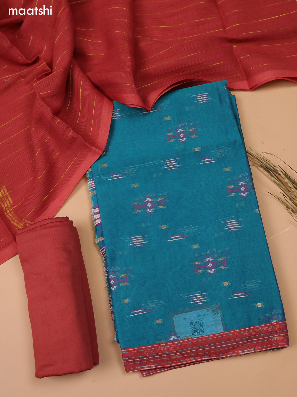 Teal Blue and Rust Chanderi Dress Material and Bottom & Dupatta
