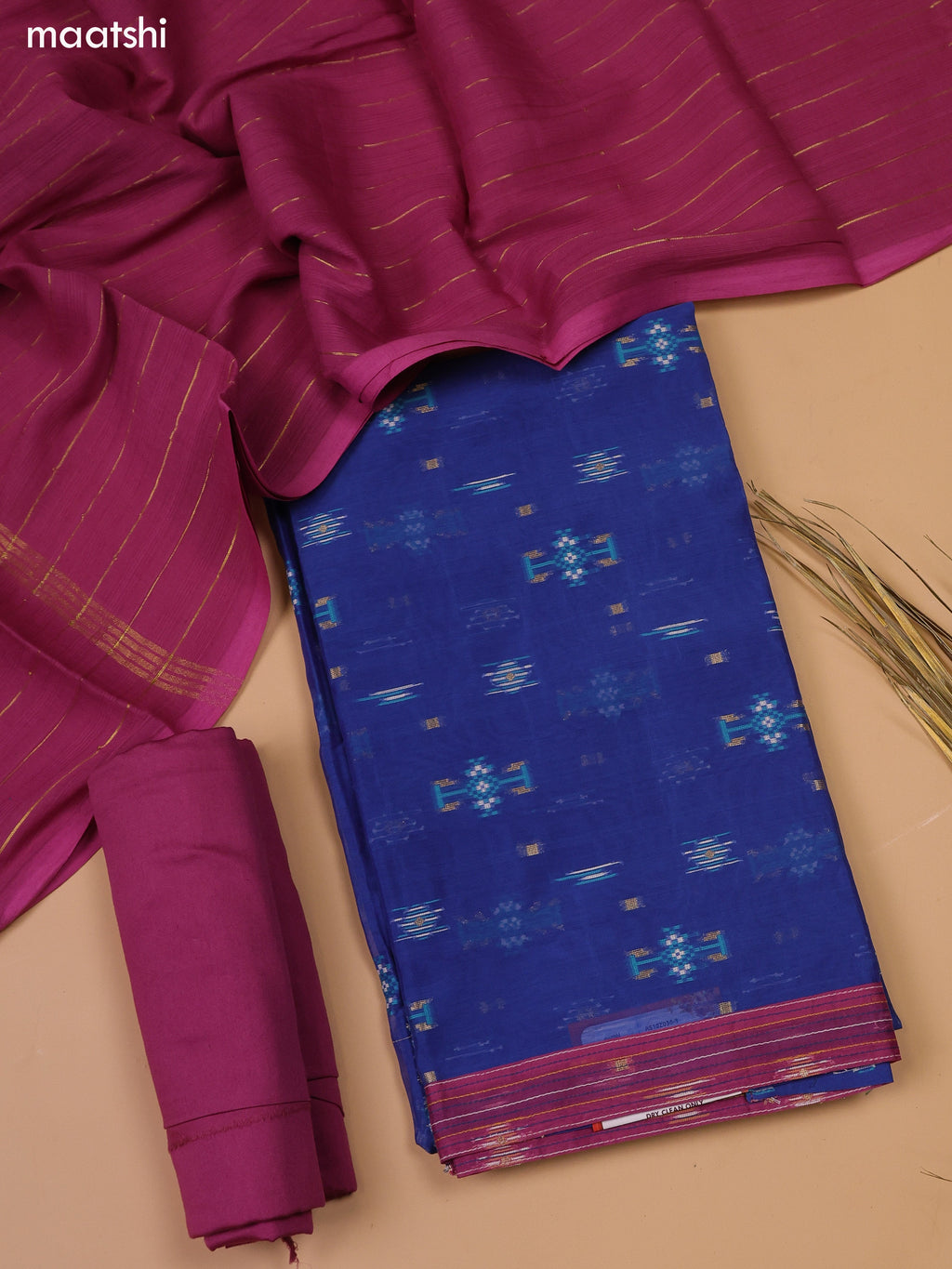 Blue & Magenta Pink Chanderi Dress Material and Bottom & Dupatta