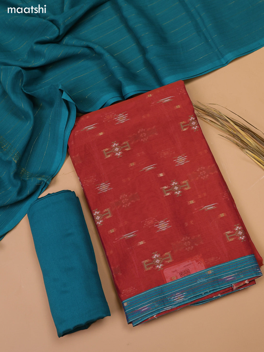 Rust and Green Chanderi Dress Material and Bottom & Dupatta