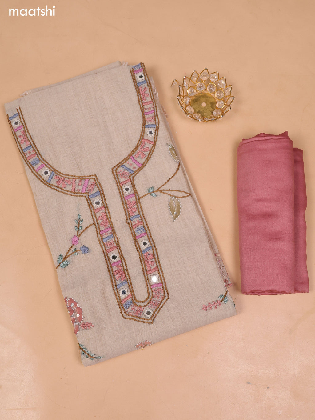 Beige and Dark Peach Chanderi Dress Material With Kantha Stitch Work and Bottom & Dupatta