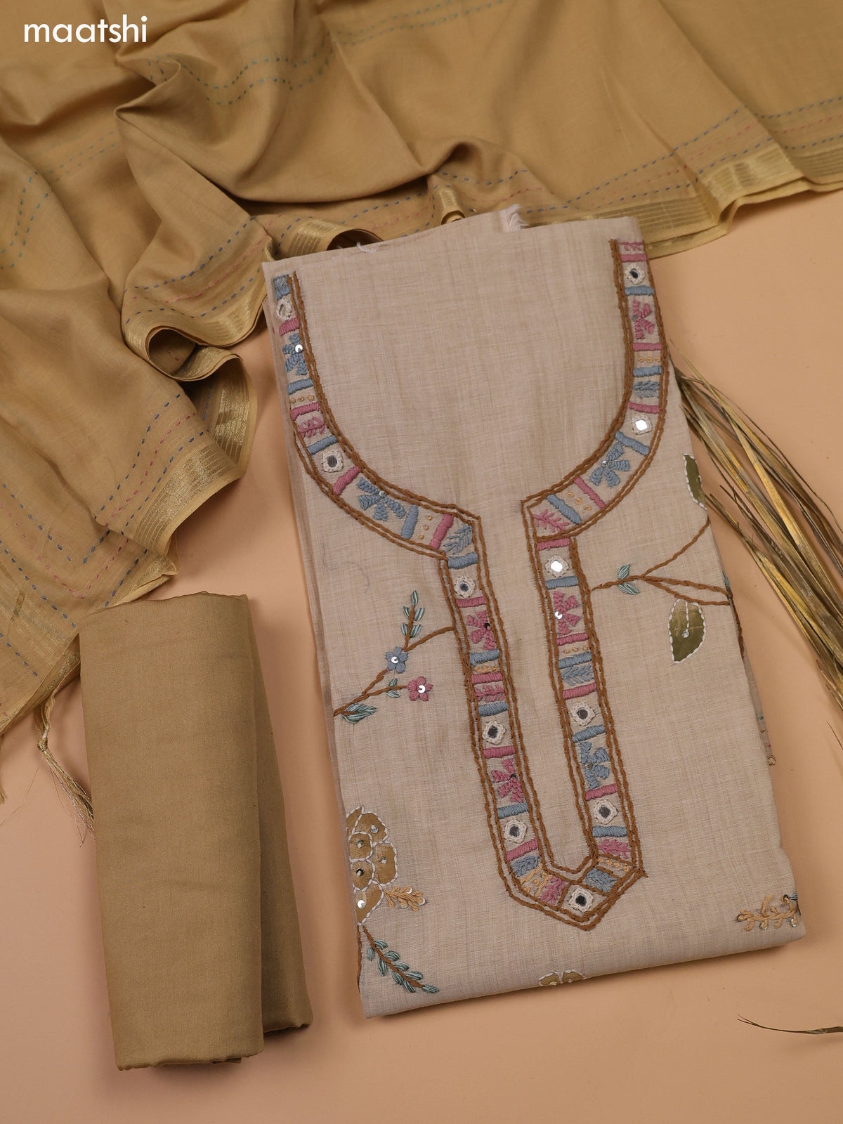 Beige and Sandal Chanderi Dress Materials With Kantha Stitch Work and Bottom & Dupatta