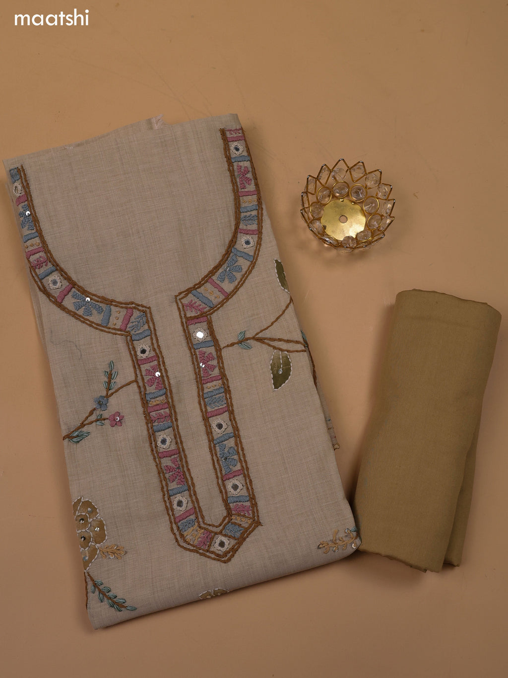 Beige and Sandal Chanderi Dress Materials With Kantha Stitch Work and Bottom & Dupatta
