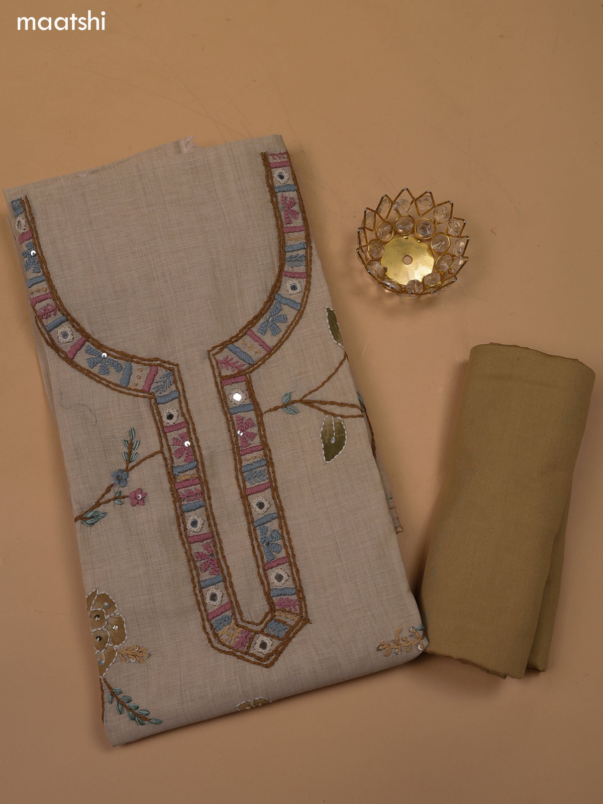 Beige and Sandal Chanderi Dress Materials With Kantha Stitch Work and Bottom & Dupatta