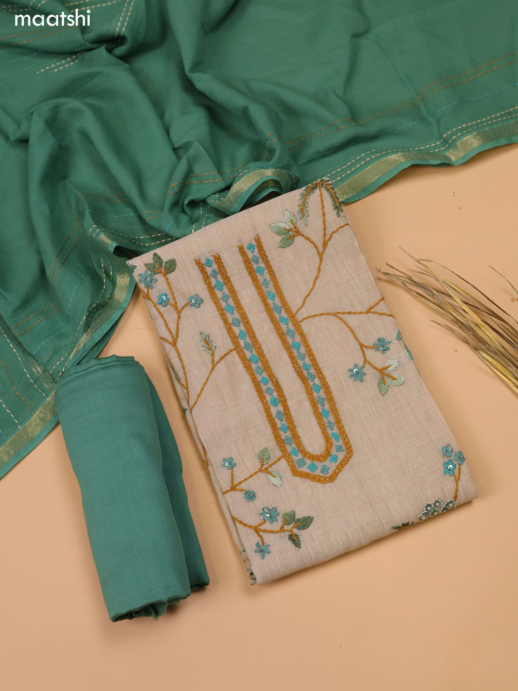 Beige and Teal Green Chanderi Dress Material with Kantha Stitch Work Neck Pattern and Bottom & Dupatta
