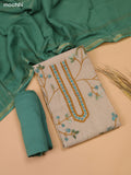 Beige and Teal Green Chanderi Dress Material with Kantha Stitch Work Neck Pattern and Bottom & Dupatta
