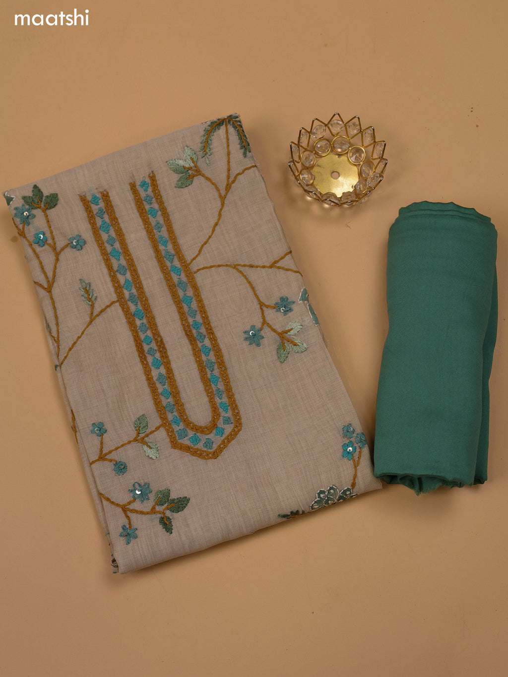 Beige and Teal Green Chanderi Dress Material with Kantha Stitch Work Neck Pattern and Bottom & Dupatta
