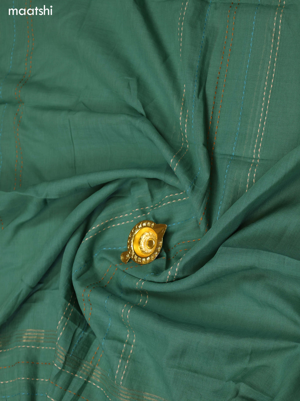 Beige and Teal Green Chanderi Dress Material with Kantha Stitch Work Neck Pattern and Bottom & Dupatta