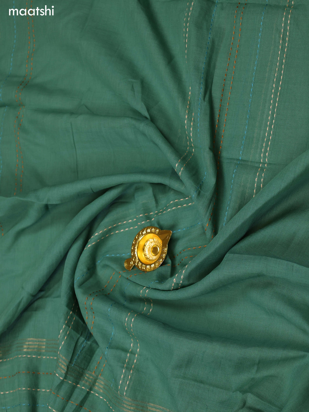 Beige and Teal Green Chanderi Dress Material with Kantha Stitch Work Neck Pattern and Bottom & Dupatta